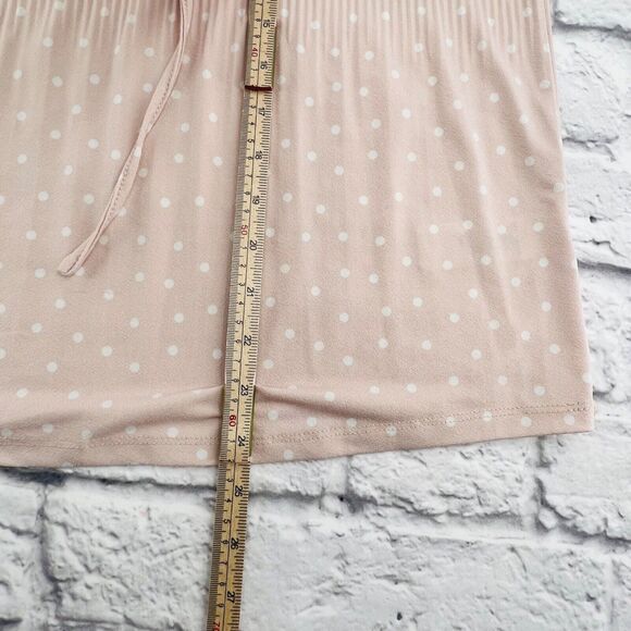 Adriana Papell Sleeveless Shirt Blouse Medium Pink Polka Dot Ruffle Tie Neck‎ - Picture 7 of 9